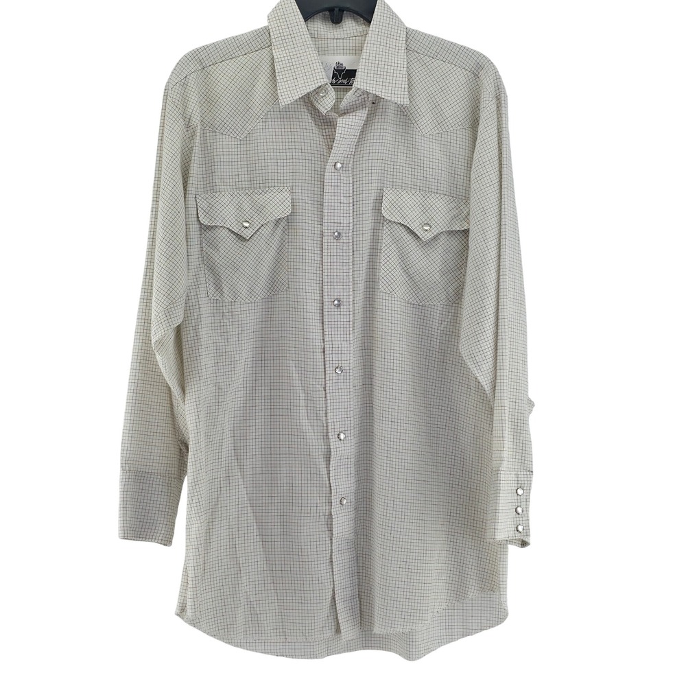 Ranch and Town Western Pearl Snap Shirt Mens 16-32 Cream Grid Excellent